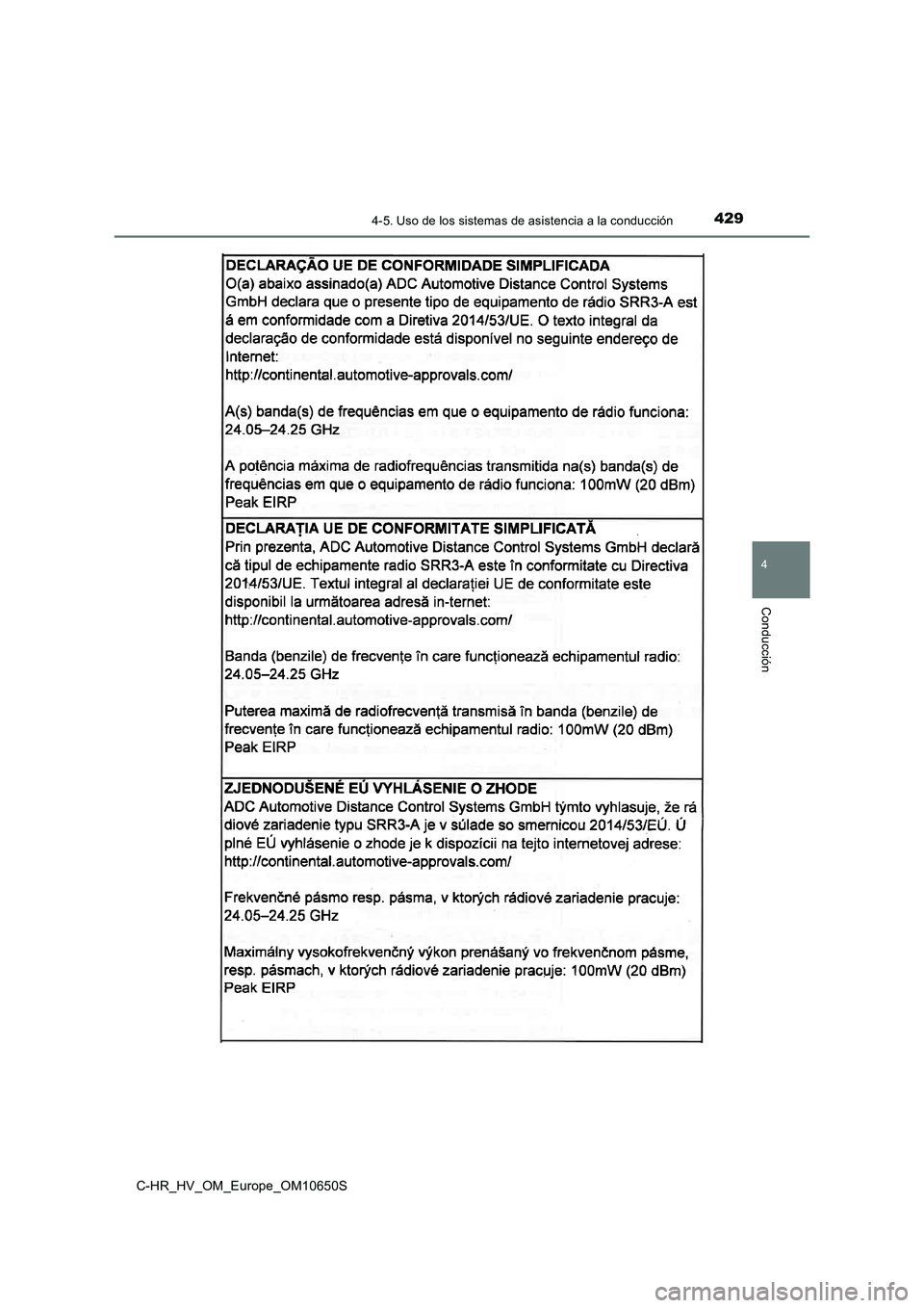 TOYOTA C-HR 2019  Manual del propietario (in Spanish) 4294-5. Uso de los sistemas de asistencia a la conducción
4
Conducción
C-HR_HV_OM_Europe_OM10650S 
