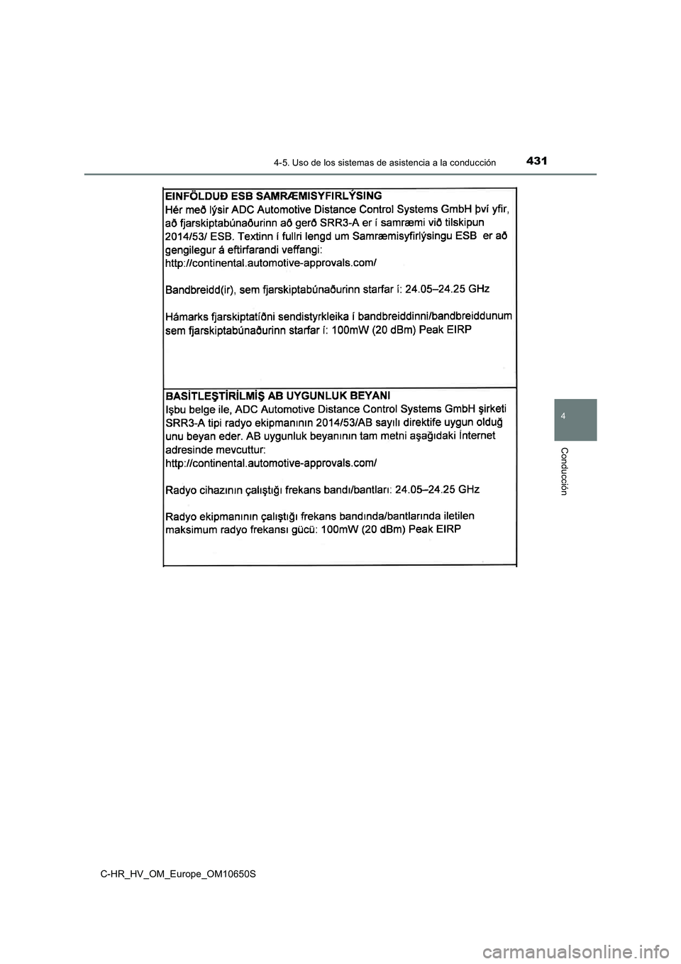 TOYOTA C-HR 2019 Manual del propietario (in Spanish) 4314-5. Uso de los sistemas de asistencia a la conducción
4
Conducción
C-HR_HV_OM_Europe_OM10650S TOYOTA C-HR 2019 Manual del propietario (in Spanish) 4314-5. Uso de los sistemas de asistencia a la conducción
4
Conducción
C-HR_HV_OM_Europe_OM10650S