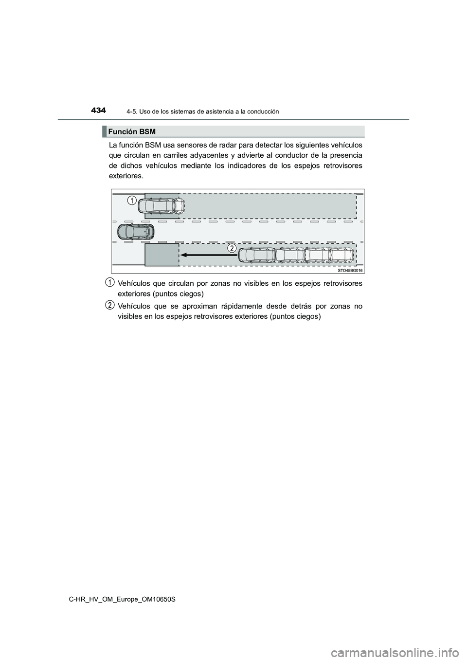 TOYOTA C-HR 2019 Manual del propietario (in Spanish) 4344-5. Uso de los sistemas de asistencia a la conducción
C-HR_HV_OM_Europe_OM10650S
La función BSM usa sensores de radar para detectar los siguientes vehículos
que circulan en carriles adyacentes TOYOTA C-HR 2019 Manual del propietario (in Spanish) 4344-5. Uso de los sistemas de asistencia a la conducción
C-HR_HV_OM_Europe_OM10650S
La función BSM usa sensores de radar para detectar los siguientes vehículos
que circulan en carriles adyacentes