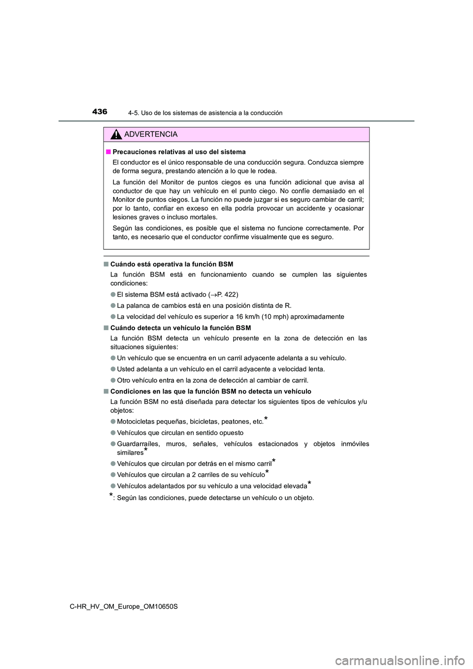 TOYOTA C-HR 2019 Manual del propietario (in Spanish) 4364-5. Uso de los sistemas de asistencia a la conducción
C-HR_HV_OM_Europe_OM10650S
■Cuándo está operativa la función BSM
La función BSM está en funcionamiento cuando se cumplen las siguient TOYOTA C-HR 2019 Manual del propietario (in Spanish) 4364-5. Uso de los sistemas de asistencia a la conducción
C-HR_HV_OM_Europe_OM10650S
■Cuándo está operativa la función BSM
La función BSM está en funcionamiento cuando se cumplen las siguient