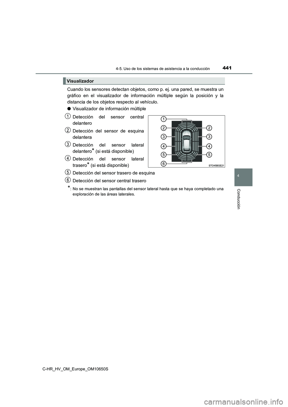 TOYOTA C-HR 2019 Manual del propietario (in Spanish) 4414-5. Uso de los sistemas de asistencia a la conducción
4
Conducción
C-HR_HV_OM_Europe_OM10650S
Cuando los sensores detectan objetos, como p. ej. una pared, se muestra un
gráfico en el visualiza TOYOTA C-HR 2019 Manual del propietario (in Spanish) 4414-5. Uso de los sistemas de asistencia a la conducción
4
Conducción
C-HR_HV_OM_Europe_OM10650S
Cuando los sensores detectan objetos, como p. ej. una pared, se muestra un
gráfico en el visualiza