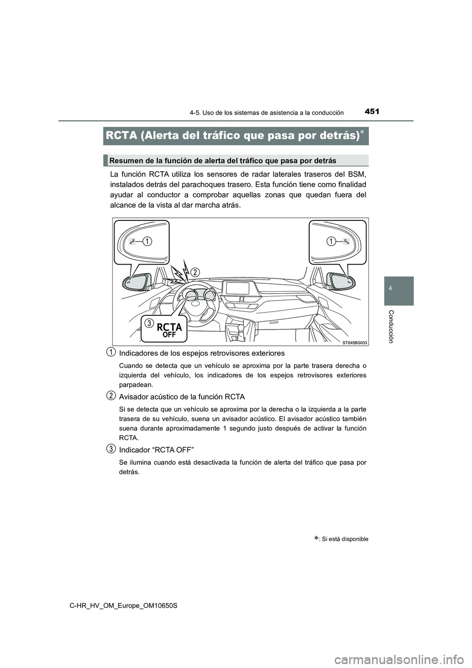TOYOTA C-HR 2019 Manual del propietario (in Spanish) 451
4
4-5. Uso de los sistemas de asistencia a la conducción
Conducción
C-HR_HV_OM_Europe_OM10650S
RCTA (Alerta del tráfico que pasa por detrás)
La función RCTA utiliza los sensores de radar l TOYOTA C-HR 2019 Manual del propietario (in Spanish) 451
4
4-5. Uso de los sistemas de asistencia a la conducción
Conducción
C-HR_HV_OM_Europe_OM10650S
RCTA (Alerta del tráfico que pasa por detrás)
La función RCTA utiliza los sensores de radar l