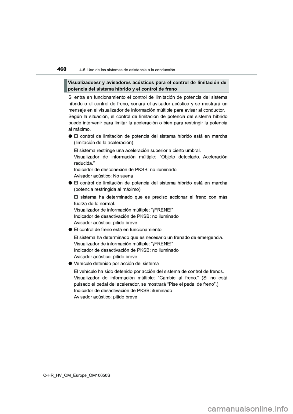 TOYOTA C-HR 2019 Manual del propietario (in Spanish) 4604-5. Uso de los sistemas de asistencia a la conducción
C-HR_HV_OM_Europe_OM10650S
Si entra en funcionamiento el control de limitación de potencia del sistema
híbrido o el control de freno, sona TOYOTA C-HR 2019 Manual del propietario (in Spanish) 4604-5. Uso de los sistemas de asistencia a la conducción
C-HR_HV_OM_Europe_OM10650S
Si entra en funcionamiento el control de limitación de potencia del sistema
híbrido o el control de freno, sona