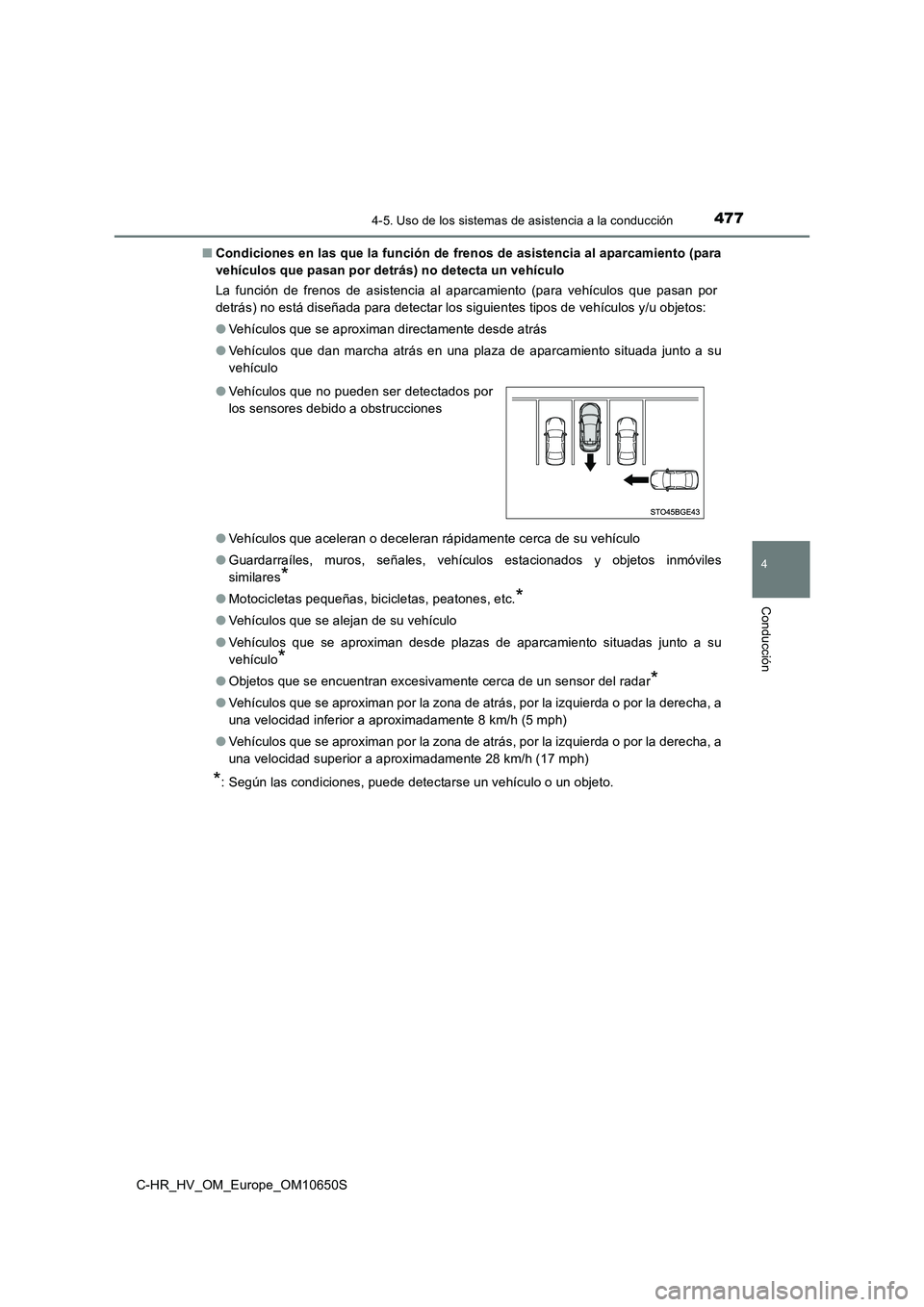 TOYOTA C-HR 2019 Manual del propietario (in Spanish) 4774-5. Uso de los sistemas de asistencia a la conducción
4
Conducción
C-HR_HV_OM_Europe_OM10650S
■ Condiciones en las que la función de frenos de asistencia al aparcamiento (para
vehículos qu TOYOTA C-HR 2019 Manual del propietario (in Spanish) 4774-5. Uso de los sistemas de asistencia a la conducción
4
Conducción
C-HR_HV_OM_Europe_OM10650S
■ Condiciones en las que la función de frenos de asistencia al aparcamiento (para
vehículos qu