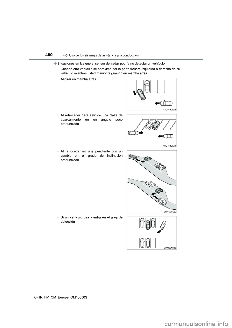 TOYOTA C-HR 2019 Manual del propietario (in Spanish) 4804-5. Uso de los sistemas de asistencia a la conducción
C-HR_HV_OM_Europe_OM10650S
● Situaciones en las que el sensor del radar podría no detectar un vehículo
• Cuando otro vehículo se apr TOYOTA C-HR 2019 Manual del propietario (in Spanish) 4804-5. Uso de los sistemas de asistencia a la conducción
C-HR_HV_OM_Europe_OM10650S
● Situaciones en las que el sensor del radar podría no detectar un vehículo
• Cuando otro vehículo se apr