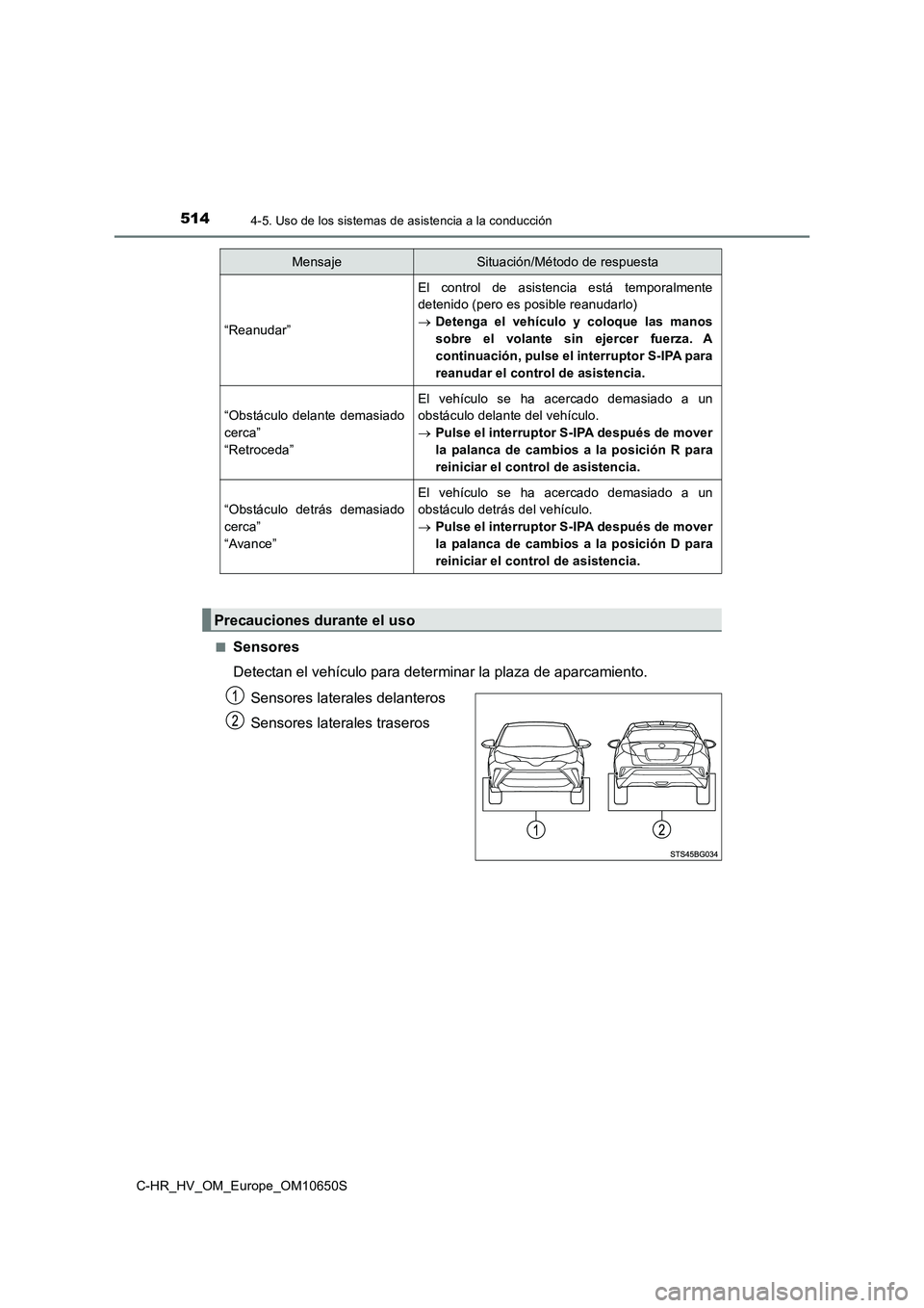 TOYOTA C-HR 2019 Manual del propietario (in Spanish) 5144-5. Uso de los sistemas de asistencia a la conducción
C-HR_HV_OM_Europe_OM10650S
■Sensores
Detectan el vehículo para determinar la plaza de aparcamiento.
Sensores laterales delanteros
Sens TOYOTA C-HR 2019 Manual del propietario (in Spanish) 5144-5. Uso de los sistemas de asistencia a la conducción
C-HR_HV_OM_Europe_OM10650S
■Sensores
Detectan el vehículo para determinar la plaza de aparcamiento.
Sensores laterales delanteros
Sens