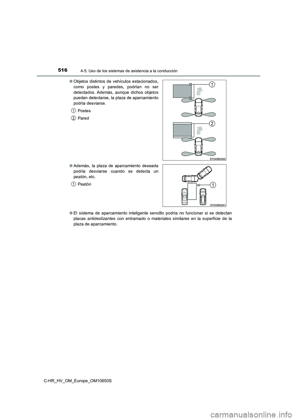 TOYOTA C-HR 2019 Manual del propietario (in Spanish) 5164-5. Uso de los sistemas de asistencia a la conducción
C-HR_HV_OM_Europe_OM10650S
● El sistema de aparcamiento inteligente sencillo podría no funcionar si se detectan
placas antideslizantes c TOYOTA C-HR 2019 Manual del propietario (in Spanish) 5164-5. Uso de los sistemas de asistencia a la conducción
C-HR_HV_OM_Europe_OM10650S
● El sistema de aparcamiento inteligente sencillo podría no funcionar si se detectan
placas antideslizantes c