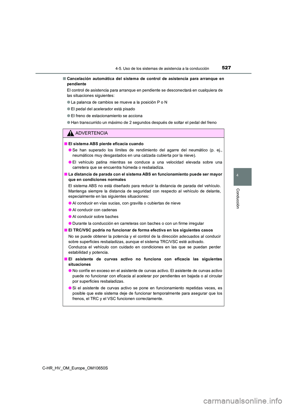TOYOTA C-HR 2019 Manual del propietario (in Spanish) 5274-5. Uso de los sistemas de asistencia a la conducción
4
Conducción
C-HR_HV_OM_Europe_OM10650S
■ Cancelación automática del sistema de control de asistencia para arranque en
pendiente
El c TOYOTA C-HR 2019 Manual del propietario (in Spanish) 5274-5. Uso de los sistemas de asistencia a la conducción
4
Conducción
C-HR_HV_OM_Europe_OM10650S
■ Cancelación automática del sistema de control de asistencia para arranque en
pendiente
El c
