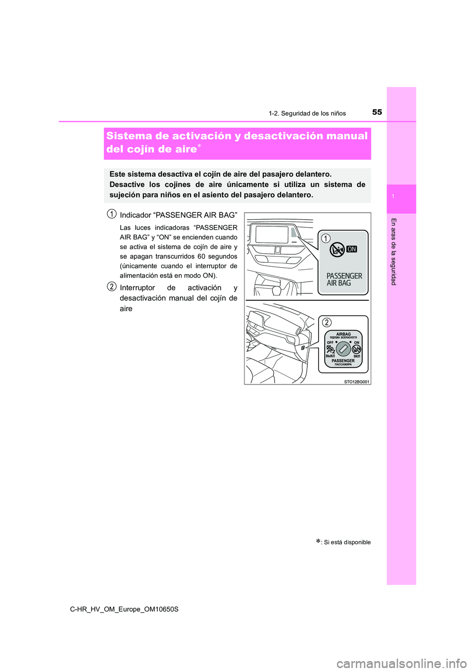 TOYOTA C-HR 2019 Manual del propietario (in Spanish) 551-2. Seguridad de los niños
1
En aras de la seguridad
C-HR_HV_OM_Europe_OM10650S
Sistema de activación y desactivación manual
del cojín de aire
Indicador “PASSENGER AIR BAG”
Las luces i TOYOTA C-HR 2019 Manual del propietario (in Spanish) 551-2. Seguridad de los niños
1
En aras de la seguridad
C-HR_HV_OM_Europe_OM10650S
Sistema de activación y desactivación manual
del cojín de aire
Indicador “PASSENGER AIR BAG”
Las luces i