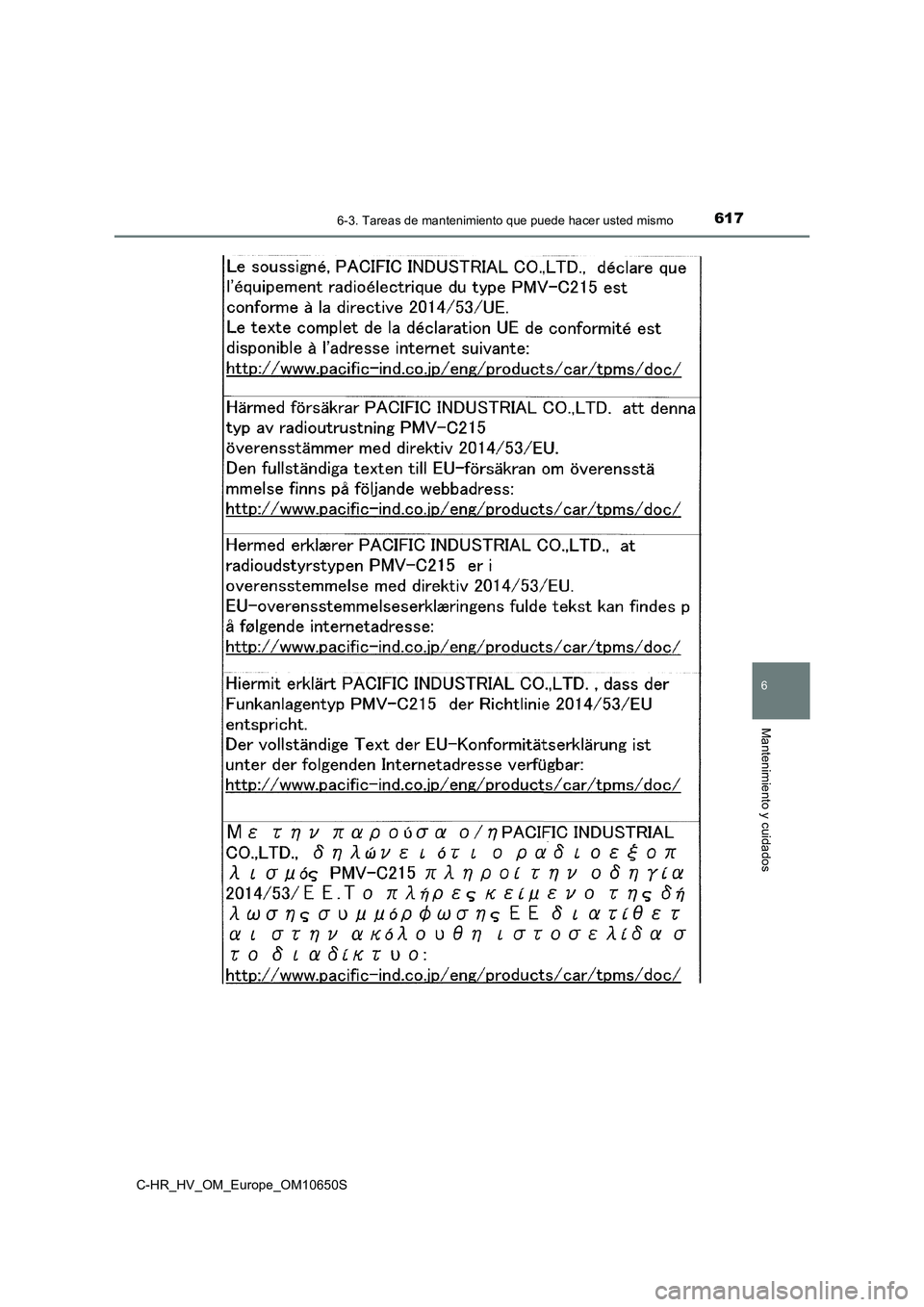 TOYOTA C-HR 2019 Manual del propietario (in Spanish) 6176-3. Tareas de mantenimiento que puede hacer usted mismo
C-HR_HV_OM_Europe_OM10650S
6
Mantenimiento y cuidados TOYOTA C-HR 2019 Manual del propietario (in Spanish) 6176-3. Tareas de mantenimiento que puede hacer usted mismo
C-HR_HV_OM_Europe_OM10650S
6
Mantenimiento y cuidados