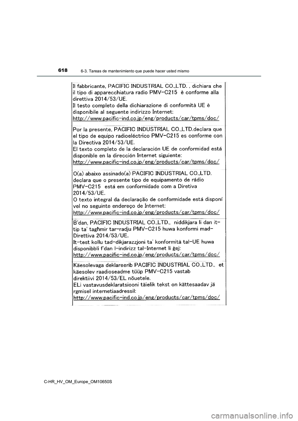 TOYOTA C-HR 2019 Manual del propietario (in Spanish) 6186-3. Tareas de mantenimiento que puede hacer usted mismo
C-HR_HV_OM_Europe_OM10650S TOYOTA C-HR 2019 Manual del propietario (in Spanish) 6186-3. Tareas de mantenimiento que puede hacer usted mismo
C-HR_HV_OM_Europe_OM10650S