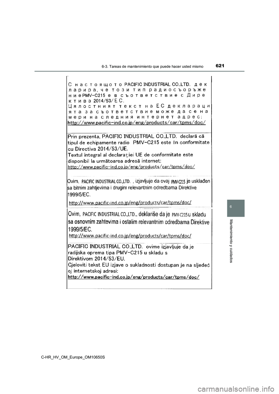 TOYOTA C-HR 2019 Manual del propietario (in Spanish) 6216-3. Tareas de mantenimiento que puede hacer usted mismo
C-HR_HV_OM_Europe_OM10650S
6
Mantenimiento y cuidados TOYOTA C-HR 2019 Manual del propietario (in Spanish) 6216-3. Tareas de mantenimiento que puede hacer usted mismo
C-HR_HV_OM_Europe_OM10650S
6
Mantenimiento y cuidados
