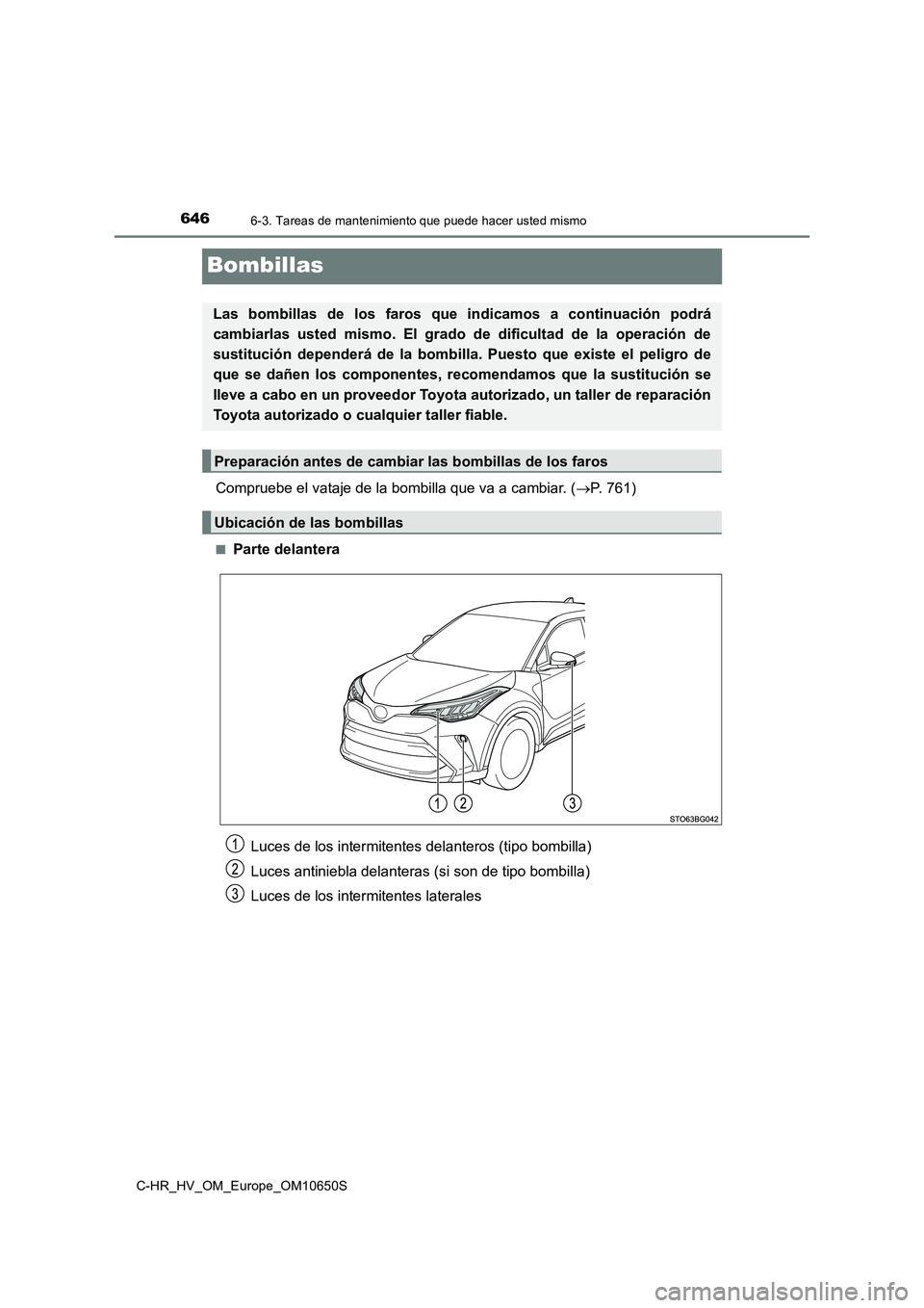 TOYOTA C-HR 2019  Manual del propietario (in Spanish) 6466-3. Tareas de mantenimiento que puede hacer usted mismo
C-HR_HV_OM_Europe_OM10650S
Bombillas
Compruebe el vataje de la bombilla que va a cambiar. (P. 761)
■Parte delantera
Las bombillas de lo