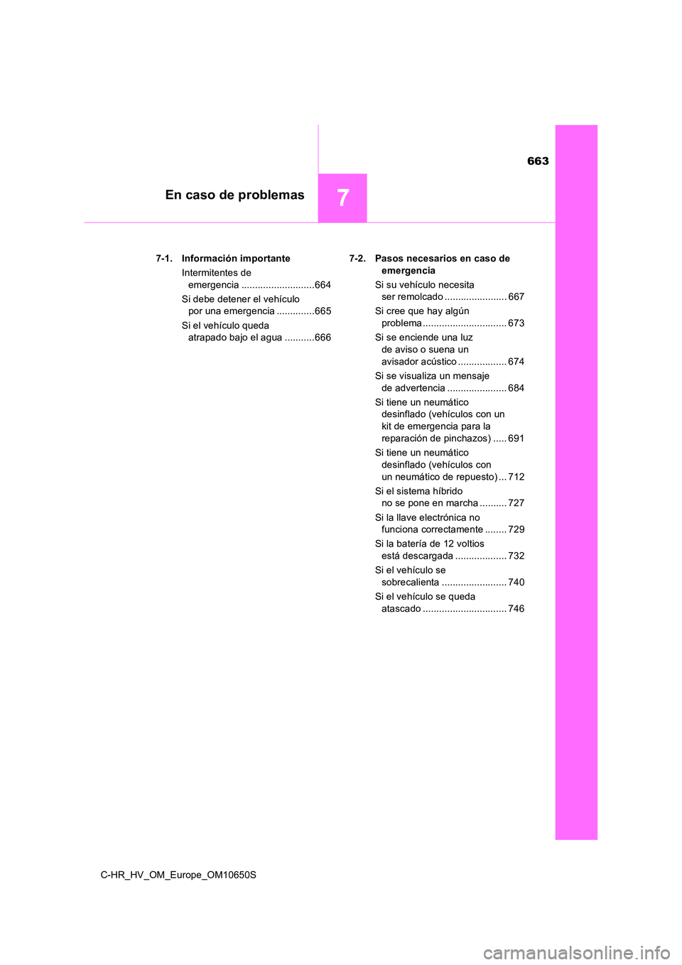 TOYOTA C-HR 2019  Manual del propietario (in Spanish) 663
7En caso de problemas
C-HR_HV_OM_Europe_OM10650S 
7-1. Información importante 
Intermitentes de  
emergencia ...........................664 
Si debe detener el vehículo  
por una emergencia ....