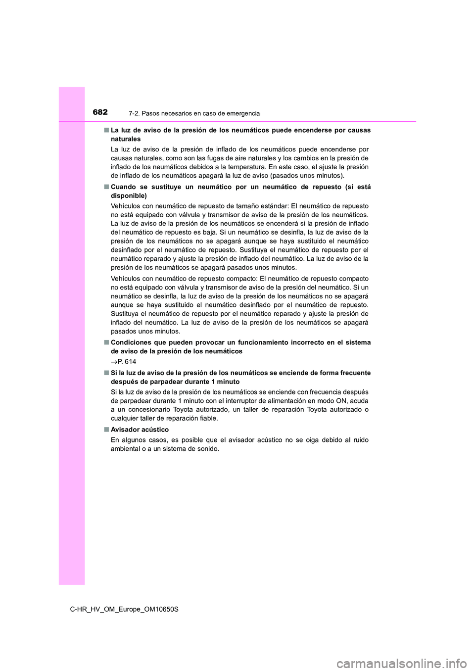 TOYOTA C-HR 2019 Manual del propietario (in Spanish) 6827-2. Pasos necesarios en caso de emergencia
C-HR_HV_OM_Europe_OM10650S
■ La luz de aviso de la presión de los neumáticos puede encenderse por causas
naturales
La luz de aviso de la presión TOYOTA C-HR 2019 Manual del propietario (in Spanish) 6827-2. Pasos necesarios en caso de emergencia
C-HR_HV_OM_Europe_OM10650S
■ La luz de aviso de la presión de los neumáticos puede encenderse por causas
naturales
La luz de aviso de la presión
