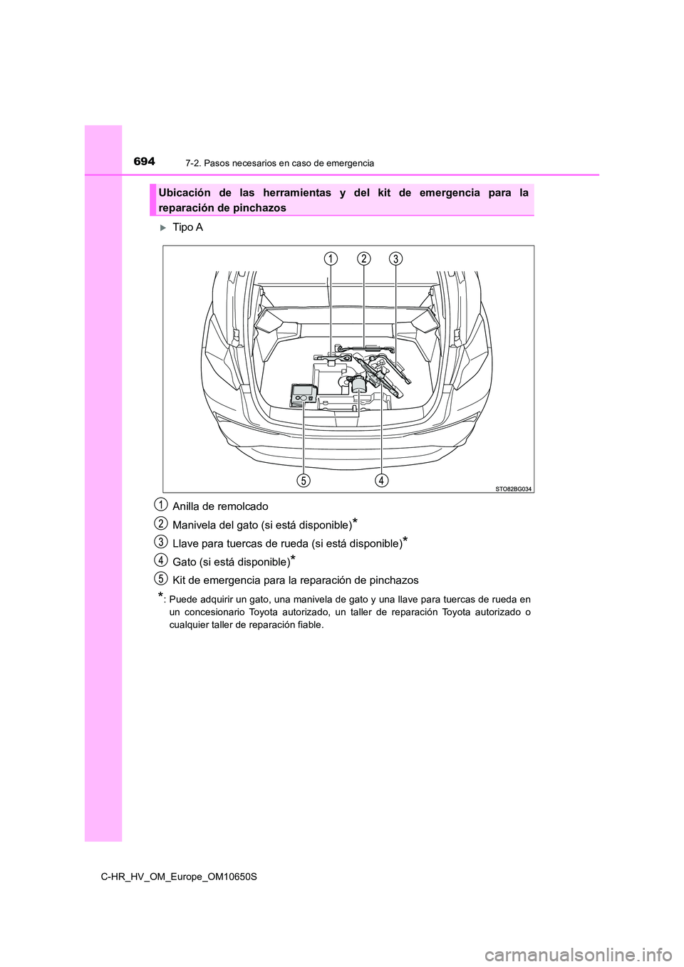 TOYOTA C-HR 2019  Manual del propietario (in Spanish) 6947-2. Pasos necesarios en caso de emergencia
C-HR_HV_OM_Europe_OM10650S
Tipo A 
Anilla de remolcado 
Manivela del gato (si está disponible)*
Llave para tuercas de rueda (si está disponible)*
Ga