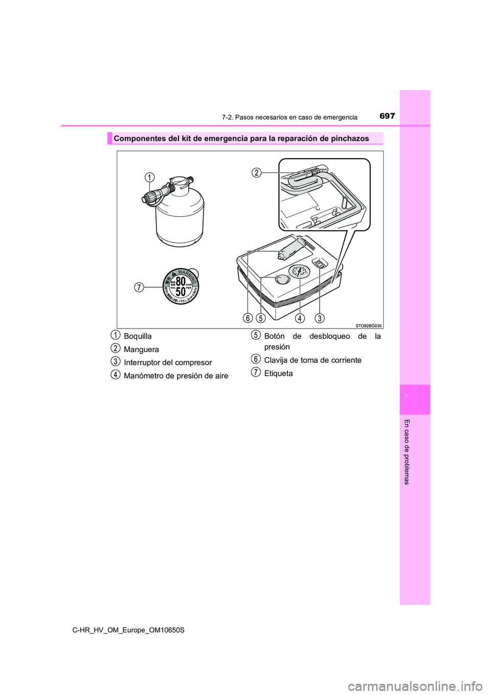 TOYOTA C-HR 2019  Manual del propietario (in Spanish) 6977-2. Pasos necesarios en caso de emergencia
C-HR_HV_OM_Europe_OM10650S
7
En caso de problemas
Componentes del kit de emergencia para la reparación de pinchazos
Boquilla 
Manguera
Interruptor del c