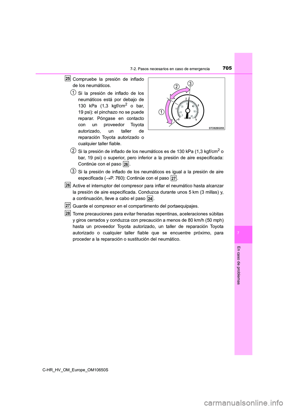 TOYOTA C-HR 2019  Manual del propietario (in Spanish) 7057-2. Pasos necesarios en caso de emergencia
C-HR_HV_OM_Europe_OM10650S
7
En caso de problemas
Compruebe la presión de inflado 
de los neumáticos. 
Si la presión de inflado de los 
neumáticos es