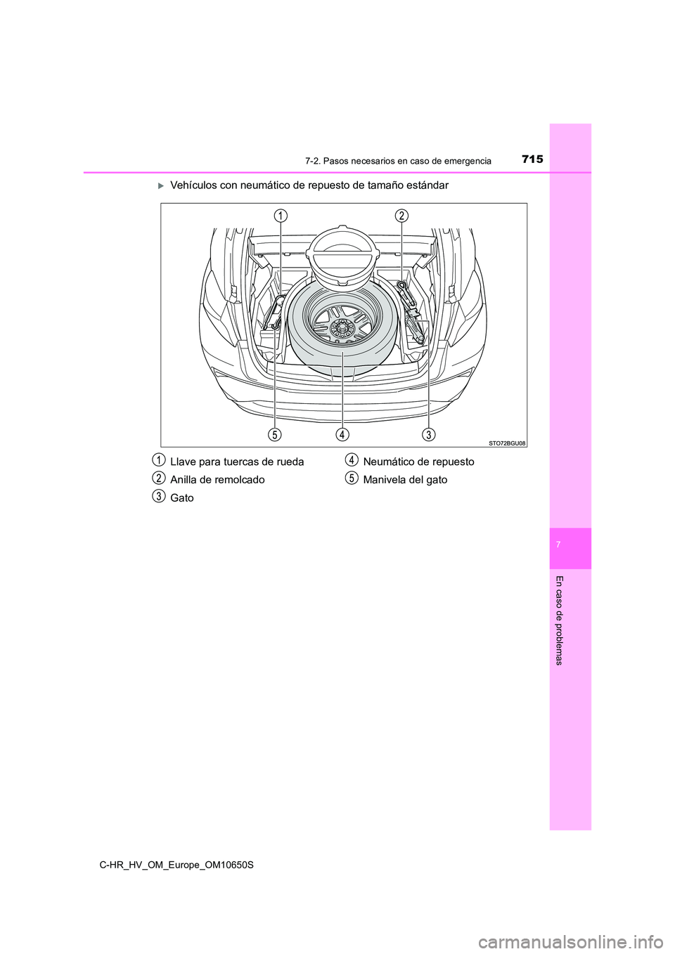 TOYOTA C-HR 2019  Manual del propietario (in Spanish) 7157-2. Pasos necesarios en caso de emergencia
C-HR_HV_OM_Europe_OM10650S
7
En caso de problemas
Vehículos con neumático de repuesto de tamaño estándar
Llave para tuercas de rueda 
Anilla de re