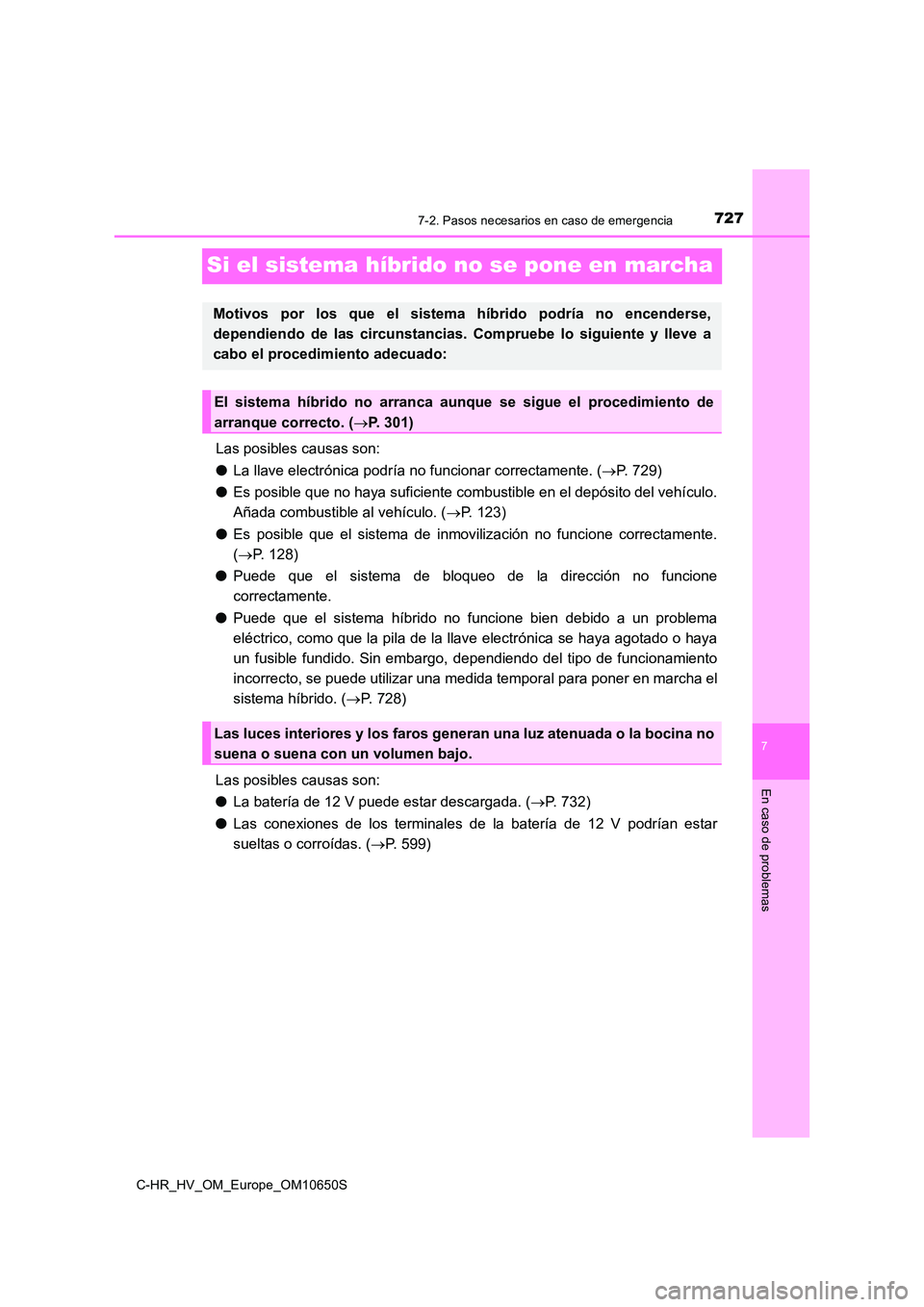 TOYOTA C-HR 2019  Manual del propietario (in Spanish) 7277-2. Pasos necesarios en caso de emergencia
C-HR_HV_OM_Europe_OM10650S
7
En caso de problemas
Si el sistema híbrido no se pone en marcha
Las posibles causas son: 
● La llave electrónica podría