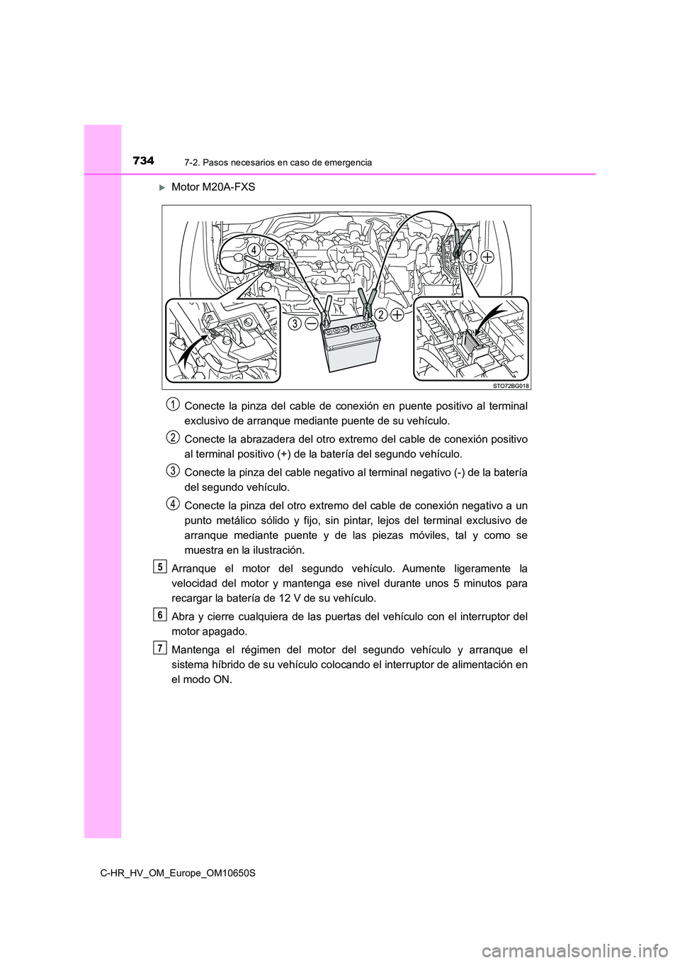 TOYOTA C-HR 2019 Manual del propietario (in Spanish) 7347-2. Pasos necesarios en caso de emergencia
C-HR_HV_OM_Europe_OM10650S
Motor M20A-FXS
Conecte la pinza del cable de conexión en puente positivo al terminal
exclusivo de arranque mediante puen TOYOTA C-HR 2019 Manual del propietario (in Spanish) 7347-2. Pasos necesarios en caso de emergencia
C-HR_HV_OM_Europe_OM10650S
Motor M20A-FXS
Conecte la pinza del cable de conexión en puente positivo al terminal
exclusivo de arranque mediante puen