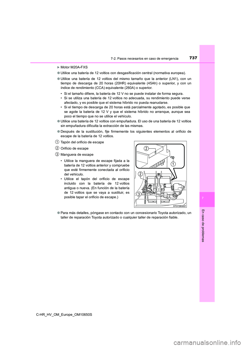 TOYOTA C-HR 2019 Manual del propietario (in Spanish) 7377-2. Pasos necesarios en caso de emergencia
C-HR_HV_OM_Europe_OM10650S
7
En caso de problemas
Motor M20A-FXS
● Utilice una batería de 12 voltios con desgasificación central (normativa europ TOYOTA C-HR 2019 Manual del propietario (in Spanish) 7377-2. Pasos necesarios en caso de emergencia
C-HR_HV_OM_Europe_OM10650S
7
En caso de problemas
Motor M20A-FXS
● Utilice una batería de 12 voltios con desgasificación central (normativa europ