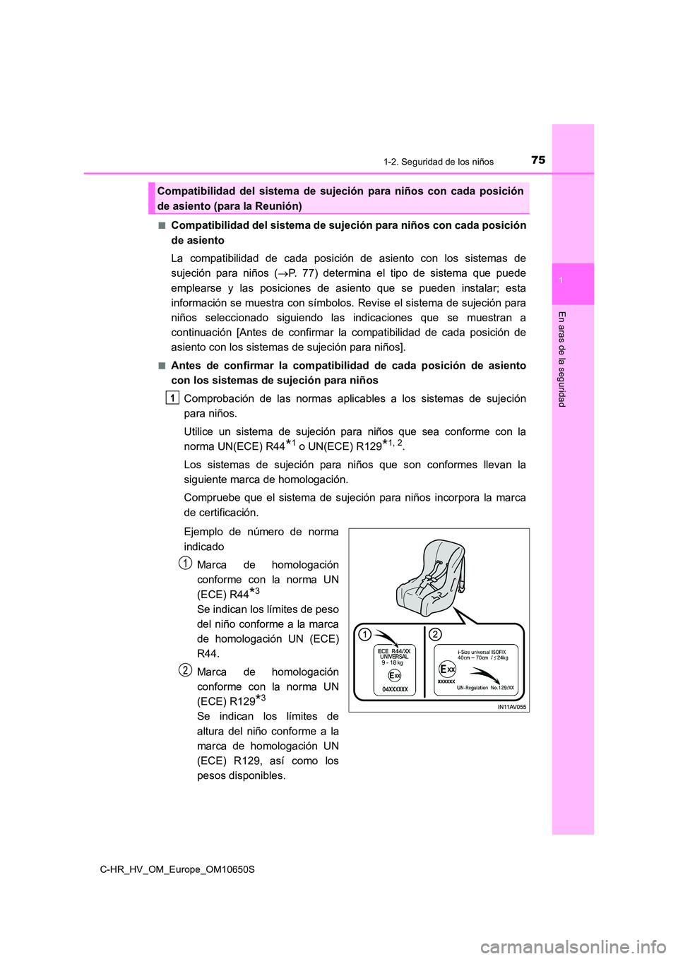 TOYOTA C-HR 2019 Manual del propietario (in Spanish) 751-2. Seguridad de los niños
1
En aras de la seguridad
C-HR_HV_OM_Europe_OM10650S
■Compatibilidad del sistema de sujeción para niños con cada posición
de asiento
La compatibilidad de cada po TOYOTA C-HR 2019 Manual del propietario (in Spanish) 751-2. Seguridad de los niños
1
En aras de la seguridad
C-HR_HV_OM_Europe_OM10650S
■Compatibilidad del sistema de sujeción para niños con cada posición
de asiento
La compatibilidad de cada po