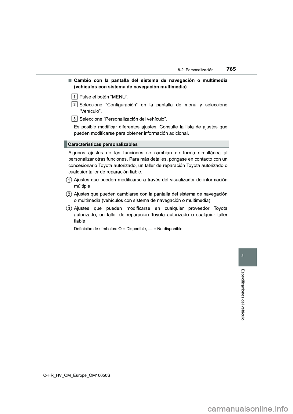 TOYOTA C-HR 2019 Manual del propietario (in Spanish) 7658-2. Personalización
C-HR_HV_OM_Europe_OM10650S
8
Especificaciones del vehículo
■Cambio con la pantalla del sistema de navegación o multimedia
(vehículos con sistema de navegación multimedi TOYOTA C-HR 2019 Manual del propietario (in Spanish) 7658-2. Personalización
C-HR_HV_OM_Europe_OM10650S
8
Especificaciones del vehículo
■Cambio con la pantalla del sistema de navegación o multimedia
(vehículos con sistema de navegación multimedi