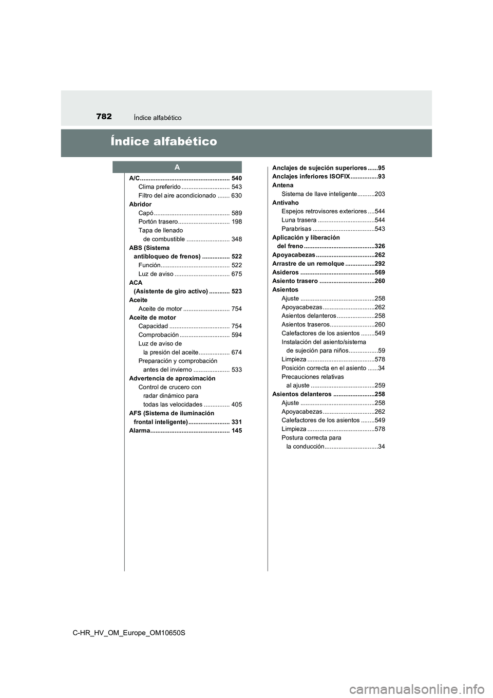 TOYOTA C-HR 2019 Manual del propietario (in Spanish) 782Índice alfabético
C-HR_HV_OM_Europe_OM10650S
Índice alfabético
A/C .................................................... 540
Clima preferido ............................ 543
Filtro del aire ac TOYOTA C-HR 2019 Manual del propietario (in Spanish) 782Índice alfabético
C-HR_HV_OM_Europe_OM10650S
Índice alfabético
A/C .................................................... 540
Clima preferido ............................ 543
Filtro del aire ac