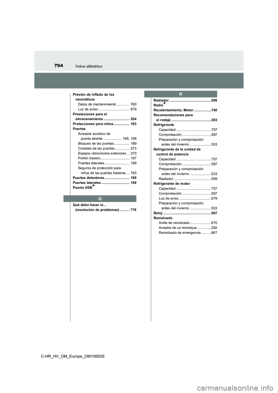 TOYOTA C-HR 2019  Manual del propietario (in Spanish) 794Índice alfabético
C-HR_HV_OM_Europe_OM10650S
Presión de inflado de los  
neumáticos 
Datos de mantenimiento ............. 760 
Luz de aviso ................................ 679 
Prestaciones pa