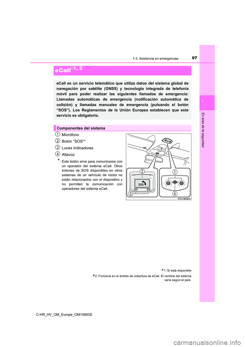 TOYOTA C-HR 2019  Manual del propietario (in Spanish) 97
1
1-3. Asistencia en emergencias
En aras de la seguridad
C-HR_HV_OM_Europe_OM10650S
eCall1, 2
Micrófono 
Botón “SOS”* 
Luces indicadoras 
Altavoz
*: Este botón sirve para comunicarse con 