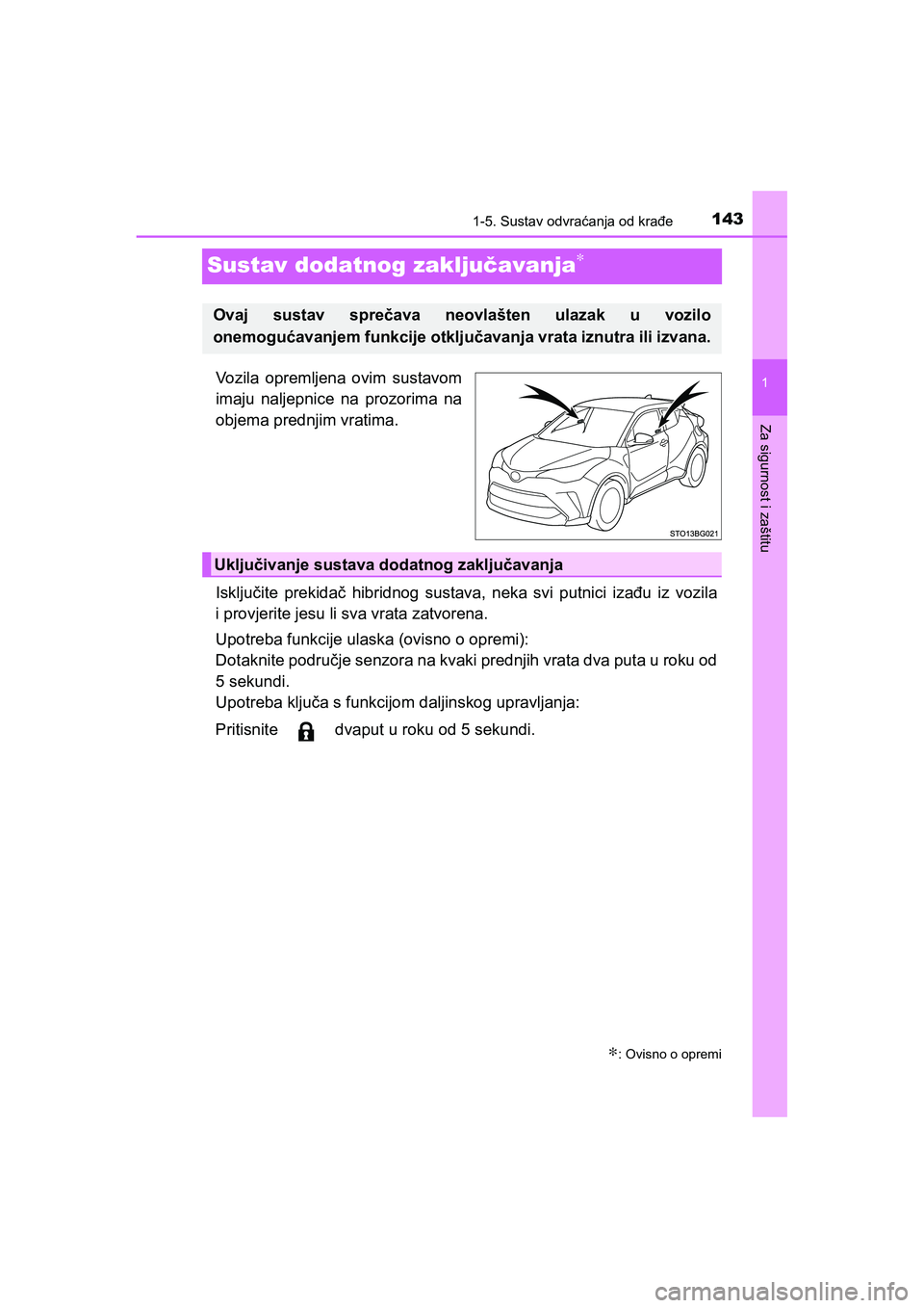 TOYOTA C-HR 2019  Upute Za Rukovanje (in Croatian) 143
1
1-5. Sustav odvraćanja od krađe
Za sigurnost i zaštitu
C-HR_HV_OM_Europe_OM10647E
Sustav dodatnog zaključavanja∗
Vozila opremljena ovim sustavom
imaju naljepnice na prozorima na
objema pre