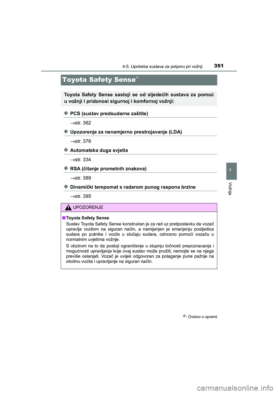 TOYOTA C-HR 2019 Upute Za Rukovanje (in Croatian) 351
4
4-5. Upotreba sustava za potporu pri vožnji
Vožnja
C-HR_HV_OM_Europe_OM10647E
Toyota Safety Sense∗
◆PCS (sustav predsudarne zaštite)
→str. 362
◆Upozorenje za nenamjerno prestrojavanje TOYOTA C-HR 2019 Upute Za Rukovanje (in Croatian) 351
4
4-5. Upotreba sustava za potporu pri vožnji
Vožnja
C-HR_HV_OM_Europe_OM10647E
Toyota Safety Sense∗
◆PCS (sustav predsudarne zaštite)
→str. 362
◆Upozorenje za nenamjerno prestrojavanje
