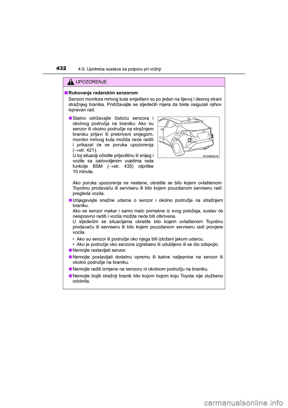 TOYOTA C-HR 2019  Upute Za Rukovanje (in Croatian) 4324-5. Upotreba sustava za potporu pri vožnji
C-HR_HV_OM_Europe_OM10647E
UPOZORENJE
■Rukovanje radarskim senzorom
Senzori monitora mrtvog kuta smješteni su po jedan na lijevoj i desnoj strani
str
