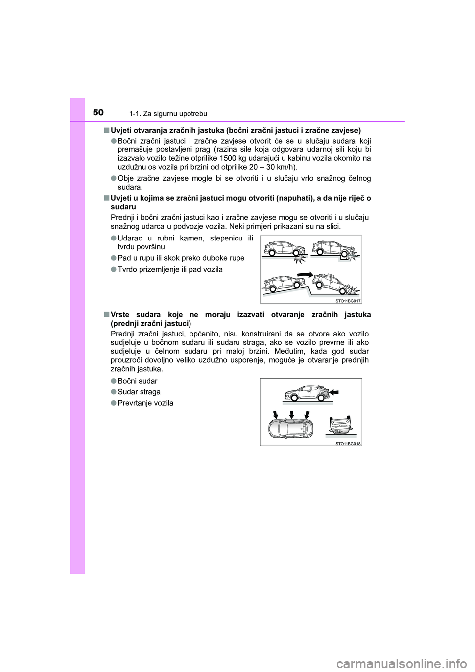 TOYOTA C-HR 2019 Upute Za Rukovanje (in Croatian) 501-1. Za sigurnu upotrebu
C-HR_HV_OM_Europe_OM10647E■Uvjeti otvaranja zračnih jastuka (bočni zračni jastuci i zračne zavjese)
●Bočni zračni jastuci i zračne zavjese otvorit će se u sluča TOYOTA C-HR 2019 Upute Za Rukovanje (in Croatian) 501-1. Za sigurnu upotrebu
C-HR_HV_OM_Europe_OM10647E■Uvjeti otvaranja zračnih jastuka (bočni zračni jastuci i zračne zavjese)
●Bočni zračni jastuci i zračne zavjese otvorit će se u sluča