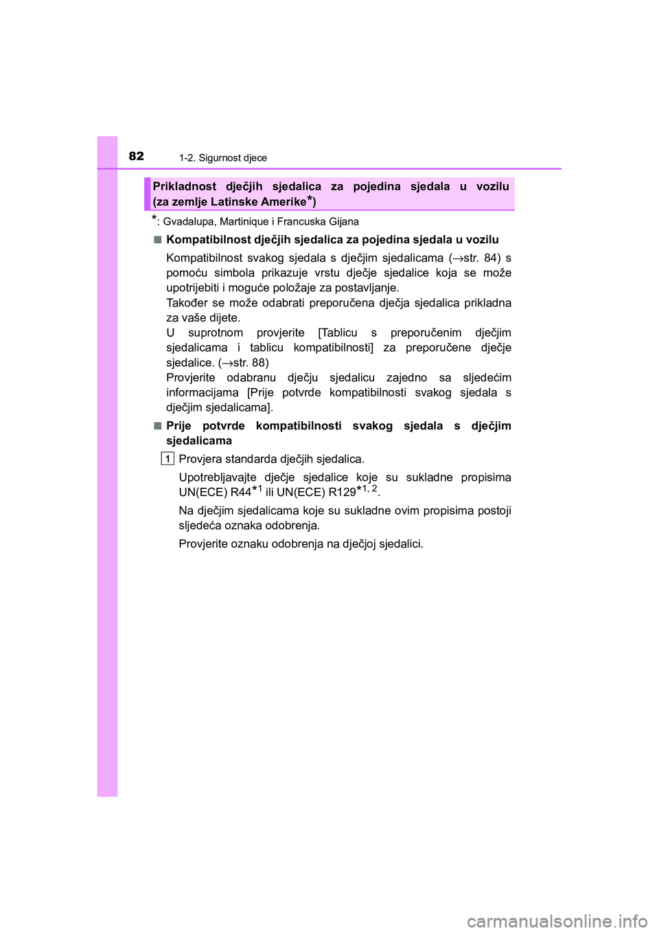TOYOTA C-HR 2019 Upute Za Rukovanje (in Croatian) 821-2. Sigurnost djece
C-HR_HV_OM_Europe_OM10647E
*: Gvadalupa, Martinique i Francuska Gijana
■
Kompatibilnost dječjih sjedalica za pojedina sjedala u vozilu
Kompatibilnost svakog sjedala s dječji TOYOTA C-HR 2019 Upute Za Rukovanje (in Croatian) 821-2. Sigurnost djece
C-HR_HV_OM_Europe_OM10647E
*: Gvadalupa, Martinique i Francuska Gijana
■
Kompatibilnost dječjih sjedalica za pojedina sjedala u vozilu
Kompatibilnost svakog sjedala s dječji