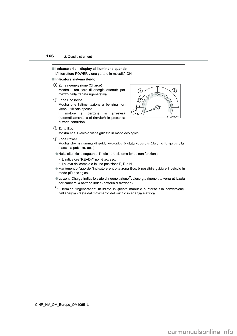 TOYOTA C-HR 2019  Manuale duso (in Italian) 1662. Quadro strumenti
C-HR_HV_OM_Europe_OM10651L
■I misuratori e il display si illuminano quando 
L’interruttore POWER viene portato in modalità ON. 
■ Indicatore sistema ibrido 
Zona Eco 
Mos