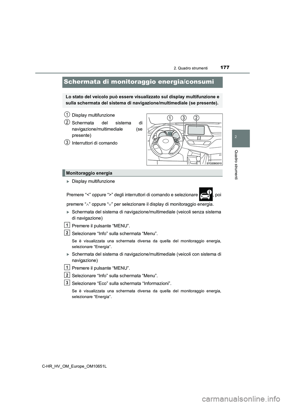 TOYOTA C-HR 2019  Manuale duso (in Italian) 177
2
2. Quadro strumenti
Quadro strumenti
C-HR_HV_OM_Europe_OM10651L
Schermata di monitoraggio energia/consumi
Display multifunzione 
Schermata del sistema di 
navigazione/multimediale (se 
presente)