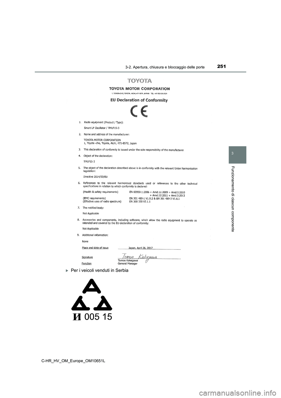 TOYOTA C-HR 2019  Manuale duso (in Italian) 2513-2. Apertura, chiusura e bloccaggio delle porte
3
Funzionamento di ciascun componente
C-HR_HV_OM_Europe_OM10651L
Per i veicoli venduti in Serbia 