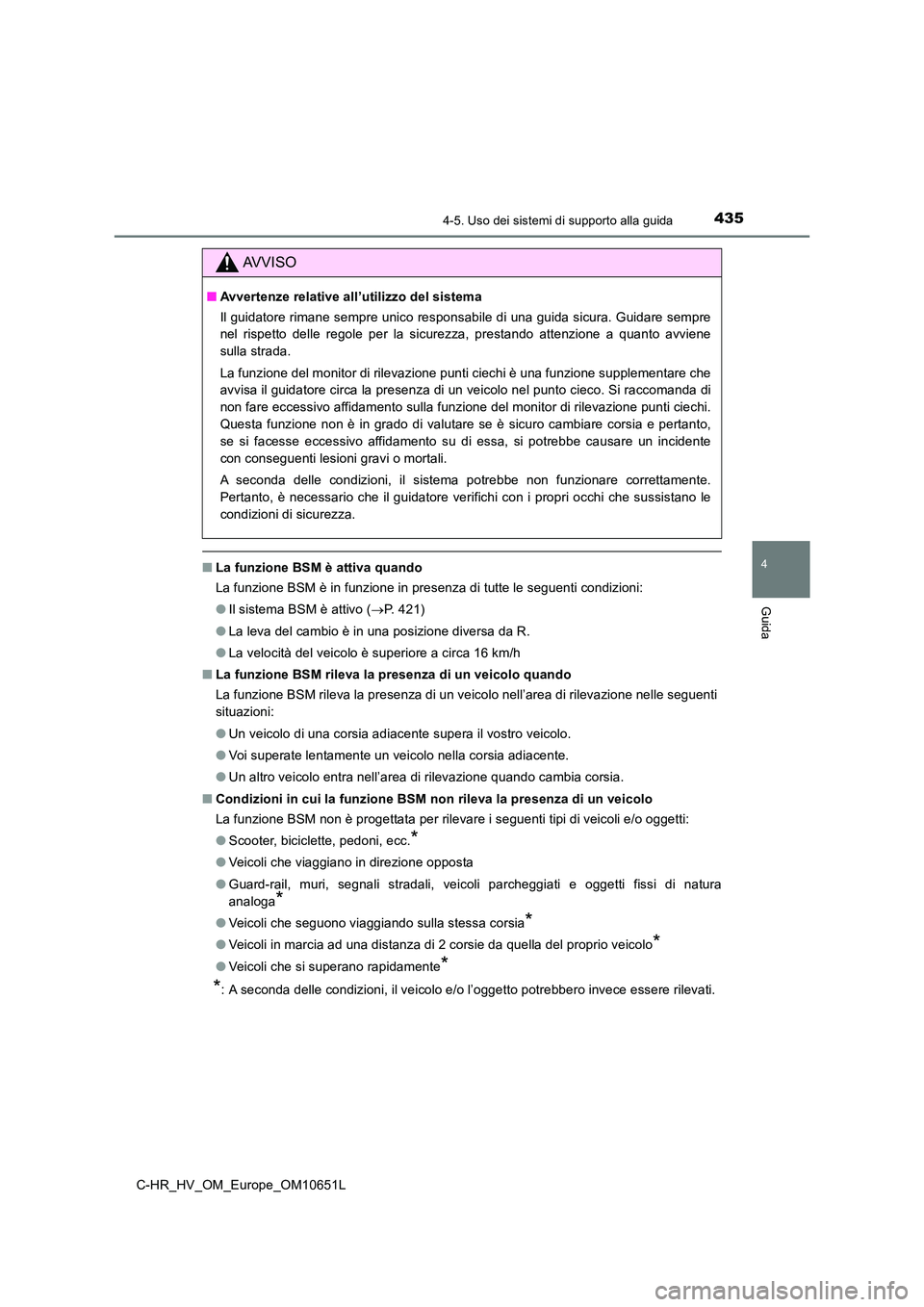 TOYOTA C-HR 2019  Manuale duso (in Italian) 4354-5. Uso dei sistemi di supporto alla guida
4
Guida
C-HR_HV_OM_Europe_OM10651L
■La funzione BSM è attiva quando 
La funzione BSM è in funzione in presenza di tutte le seguenti condizioni: 
● 