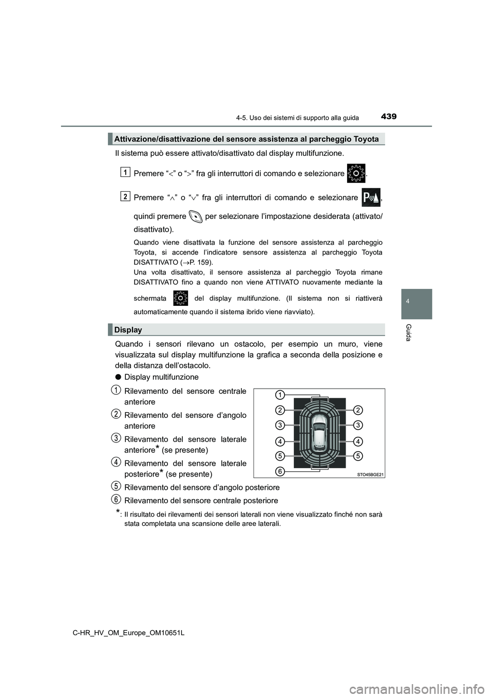 TOYOTA C-HR 2019  Manuale duso (in Italian) 4394-5. Uso dei sistemi di supporto alla guida
4
Guida
C-HR_HV_OM_Europe_OM10651L
Il sistema può essere attivato/disattivato dal display multifunzione. 
Premere “ ” o “” fra gli interru