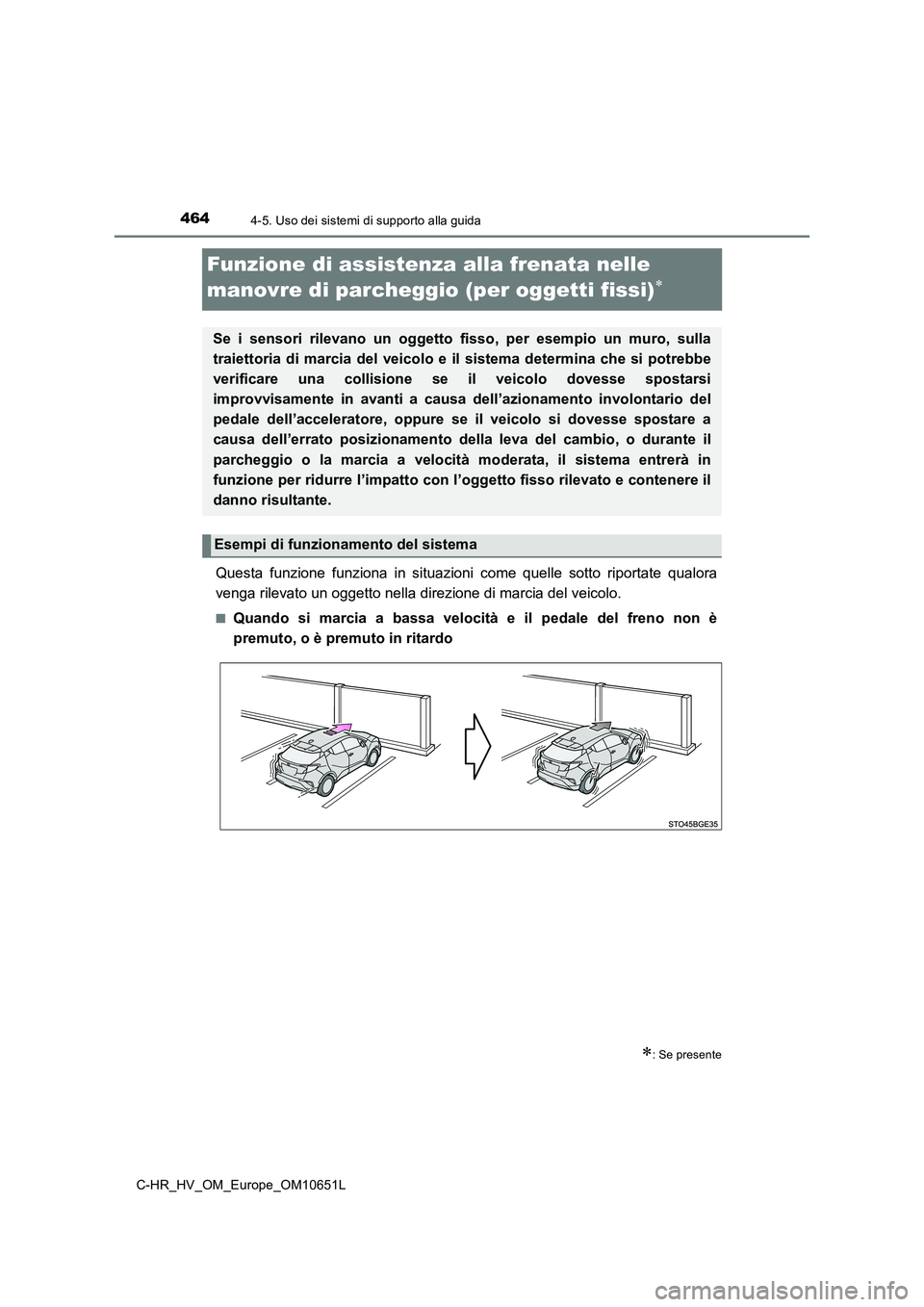TOYOTA C-HR 2019  Manuale duso (in Italian) 4644-5. Uso dei sistemi di supporto alla guida
C-HR_HV_OM_Europe_OM10651L
Funzione di assistenza alla frenata nelle  
manovre di parcheggio (per oggetti fissi)
Questa funzione funziona in situazion