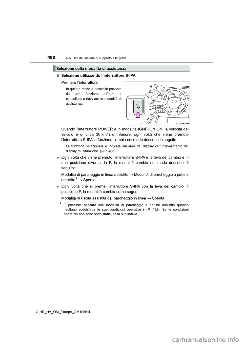 TOYOTA C-HR 2019  Manuale duso (in Italian) 4824-5. Uso dei sistemi di supporto alla guida
C-HR_HV_OM_Europe_OM10651L 
■Selezione utilizzando l’interruttore S-IPA 
Premere l’interruttore
In questo modo è possibile passare 
da una funzion