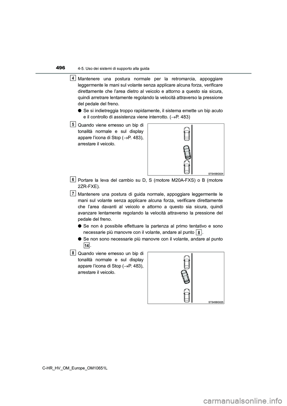 TOYOTA C-HR 2019  Manuale duso (in Italian) 4964-5. Uso dei sistemi di supporto alla guida
C-HR_HV_OM_Europe_OM10651L
Mantenere una postura normale per la retromarcia, appoggiare 
leggermente le mani sul volante senza applicare alcuna forza, ve