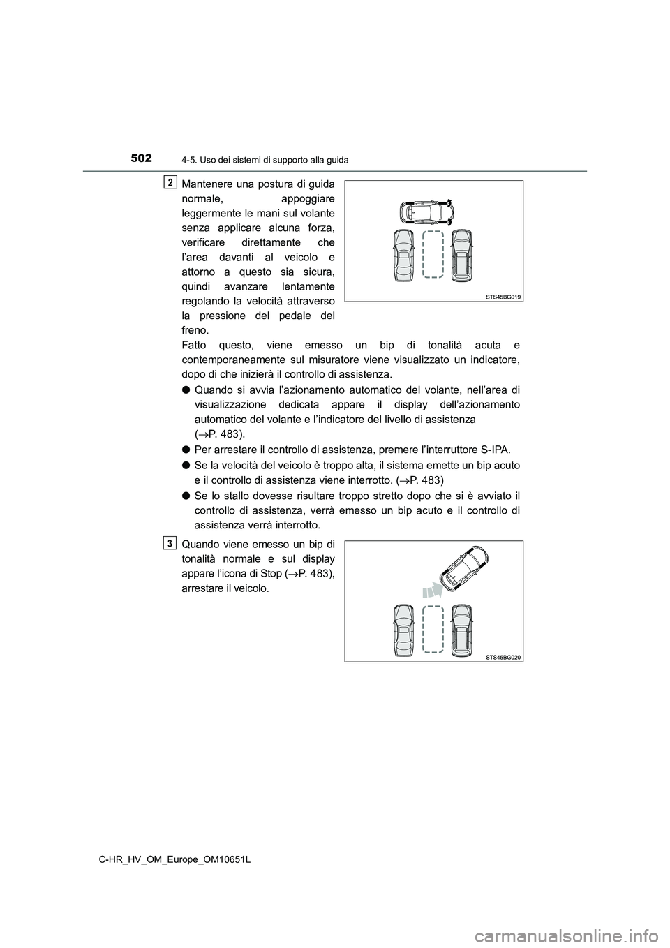 TOYOTA C-HR 2019  Manuale duso (in Italian) 5024-5. Uso dei sistemi di supporto alla guida
C-HR_HV_OM_Europe_OM10651L
Mantenere una postura di guida 
normale, appoggiare 
leggermente le mani sul volante 
senza applicare alcuna forza,
verificare