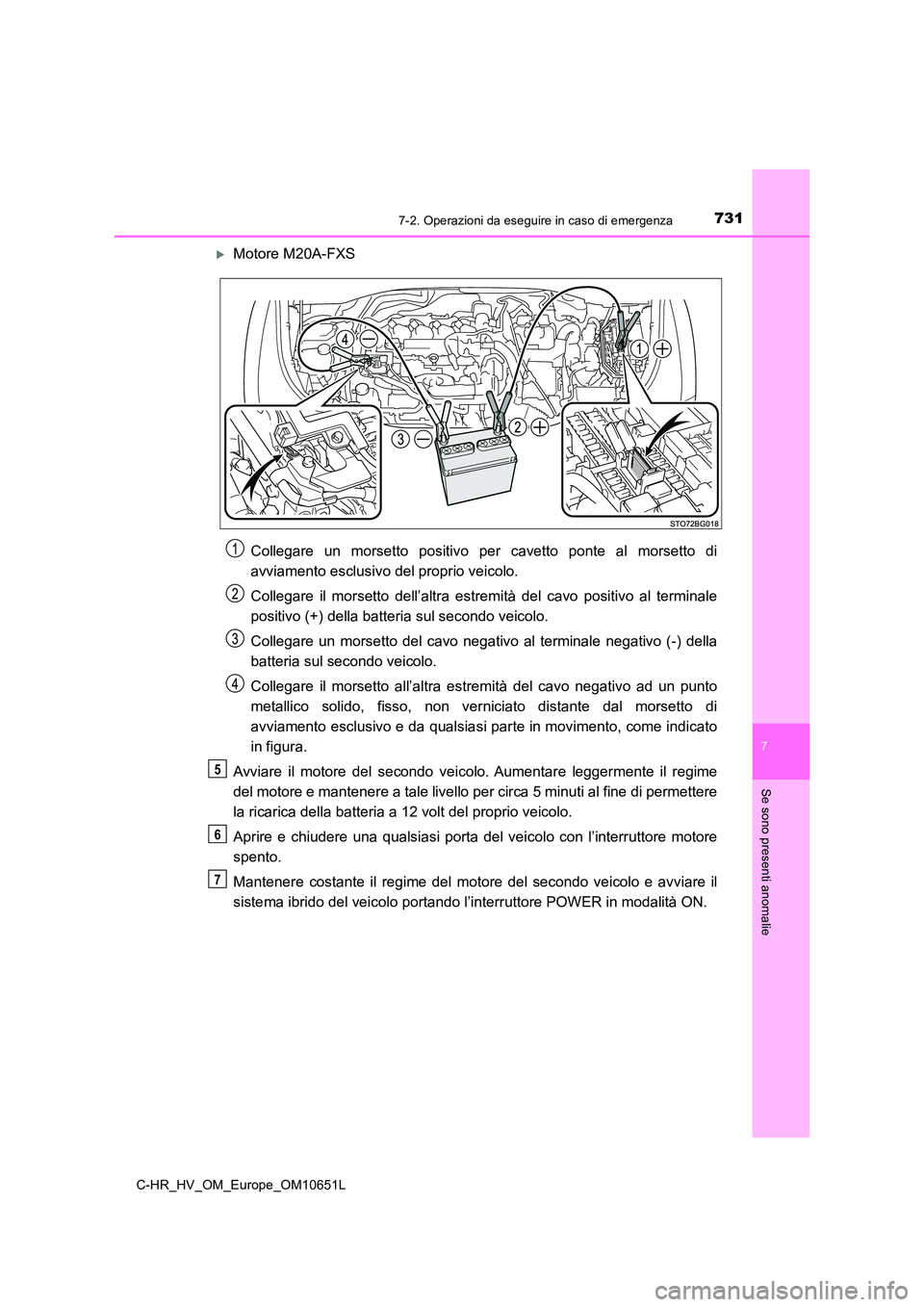 TOYOTA C-HR 2019  Manuale duso (in Italian) 7317-2. Operazioni da eseguire in caso di emergenza
C-HR_HV_OM_Europe_OM10651L
7
Se sono presenti anomalie
Motore M20A-FXS 
Collegare un morsetto positivo per cavetto ponte al morsetto di 
avviamen