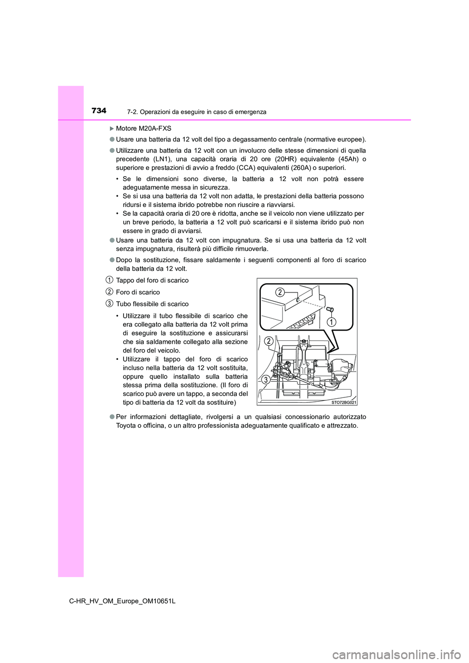 TOYOTA C-HR 2019  Manuale duso (in Italian) 7347-2. Operazioni da eseguire in caso di emergenza
C-HR_HV_OM_Europe_OM10651L
Motore M20A-FXS 
● Usare una batteria da 12 volt del tipo a degassamento centrale (normative europee). 
● Utilizza