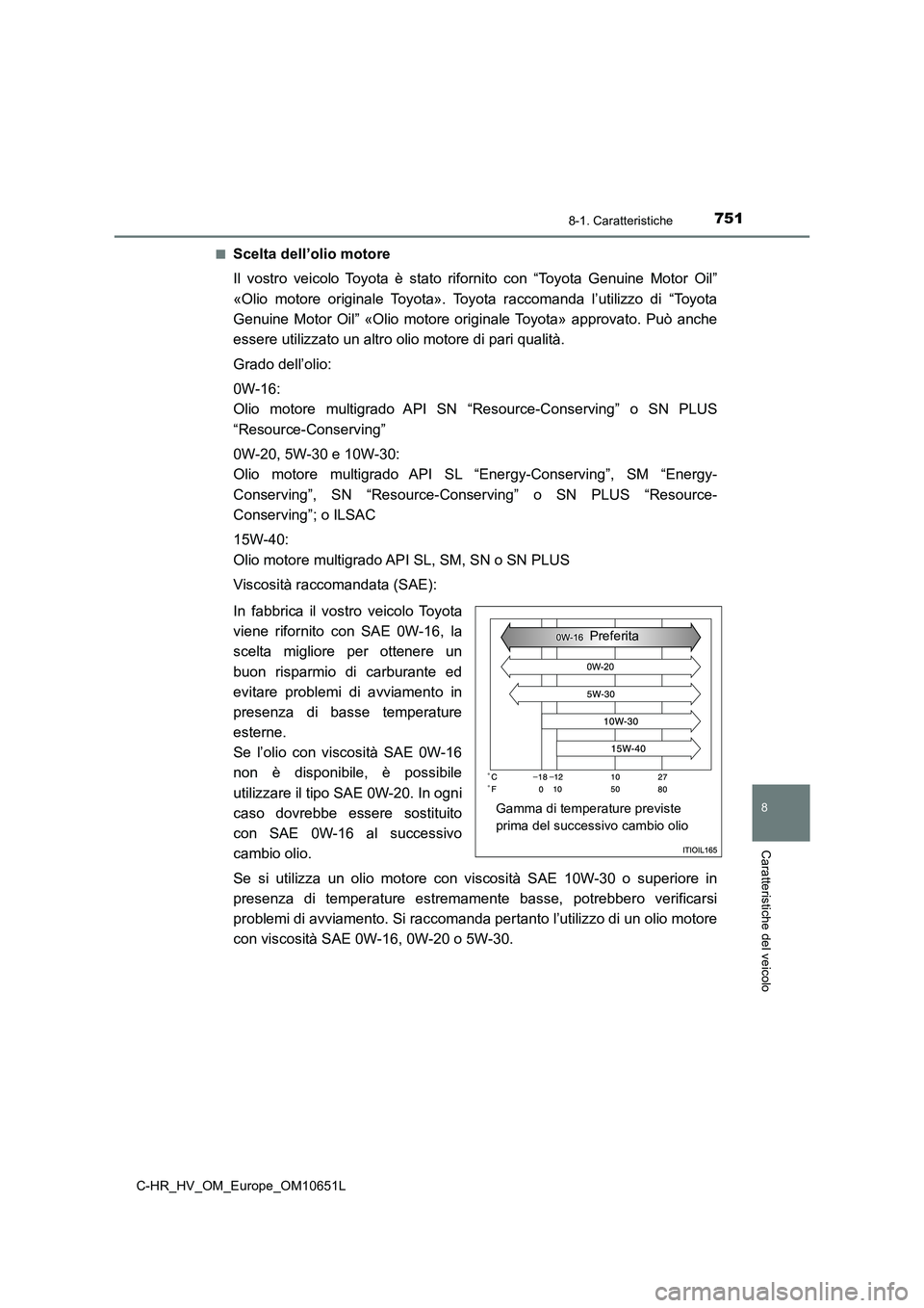 TOYOTA C-HR 2019  Manuale duso (in Italian) 7518-1. Caratteristiche
C-HR_HV_OM_Europe_OM10651L
8
Caratteristiche del veicolo
■Scelta dell’olio motore 
Il vostro veicolo Toyota è stato rifornito con “Toyota Genuine Motor Oil” 
«Olio mo