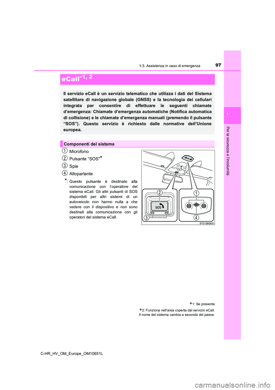 TOYOTA C-HR 2019  Manuale duso (in Italian) 97
1
1-3. Assistenza in caso di emergenza
Per la sicurezza e l’incolumità
C-HR_HV_OM_Europe_OM10651L
eCall1, 2
Microfono 
Pulsante “SOS”*
Spie
Altoparlante
*: Questo pulsante è destinato al