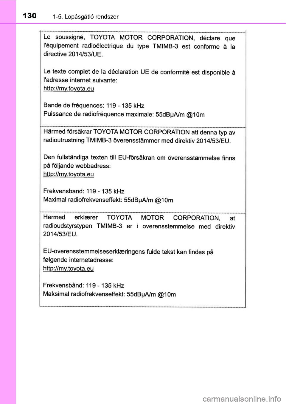 TOYOTA C-HR 2019 Kezelési útmutató (in Hungarian) 1301-5. Lopásgátló rendszer TOYOTA C-HR 2019 Kezelési útmutató (in Hungarian) 1301-5. Lopásgátló rendszer